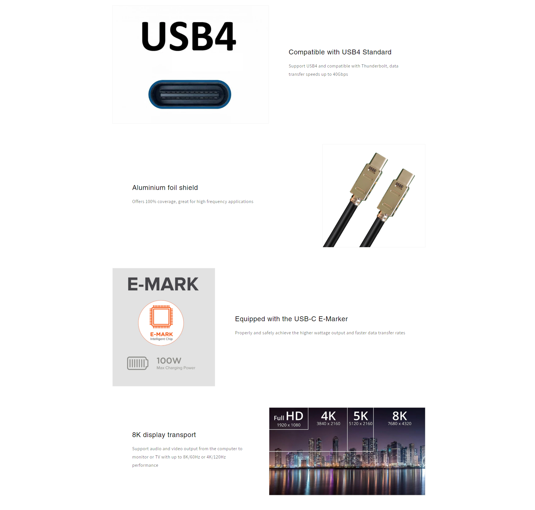 A large marketing image providing additional information about the product Cruxtec USB4 USB-C Full-Feature Coaxial Cable ( 240W, 40Gpbs, 8K@60Hz ) - 2m - Additional alt info not provided